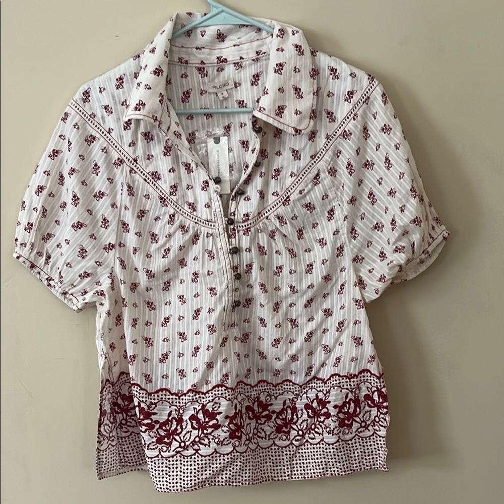 Anthropologie White and Red Patterned Blouse